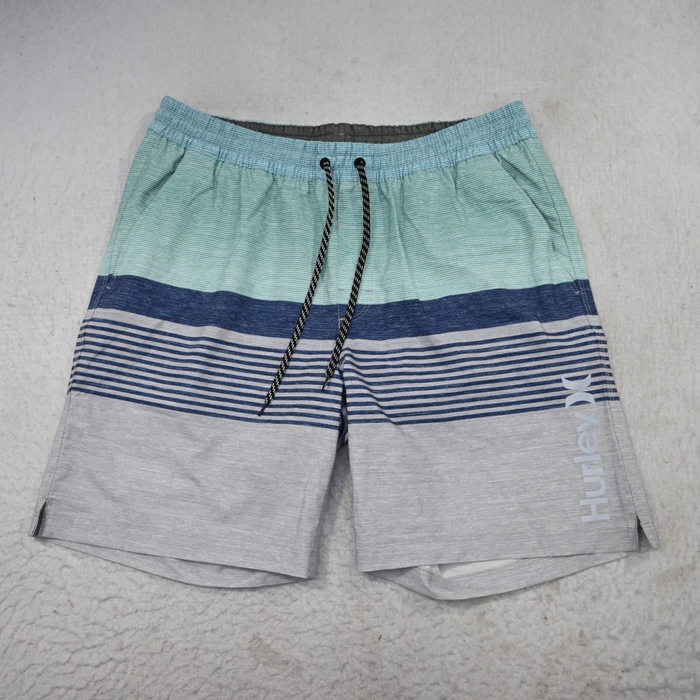 Hurley Board Shorts Mens XL Striped Drawstring Pockets Swim Trunks 8" Stretch